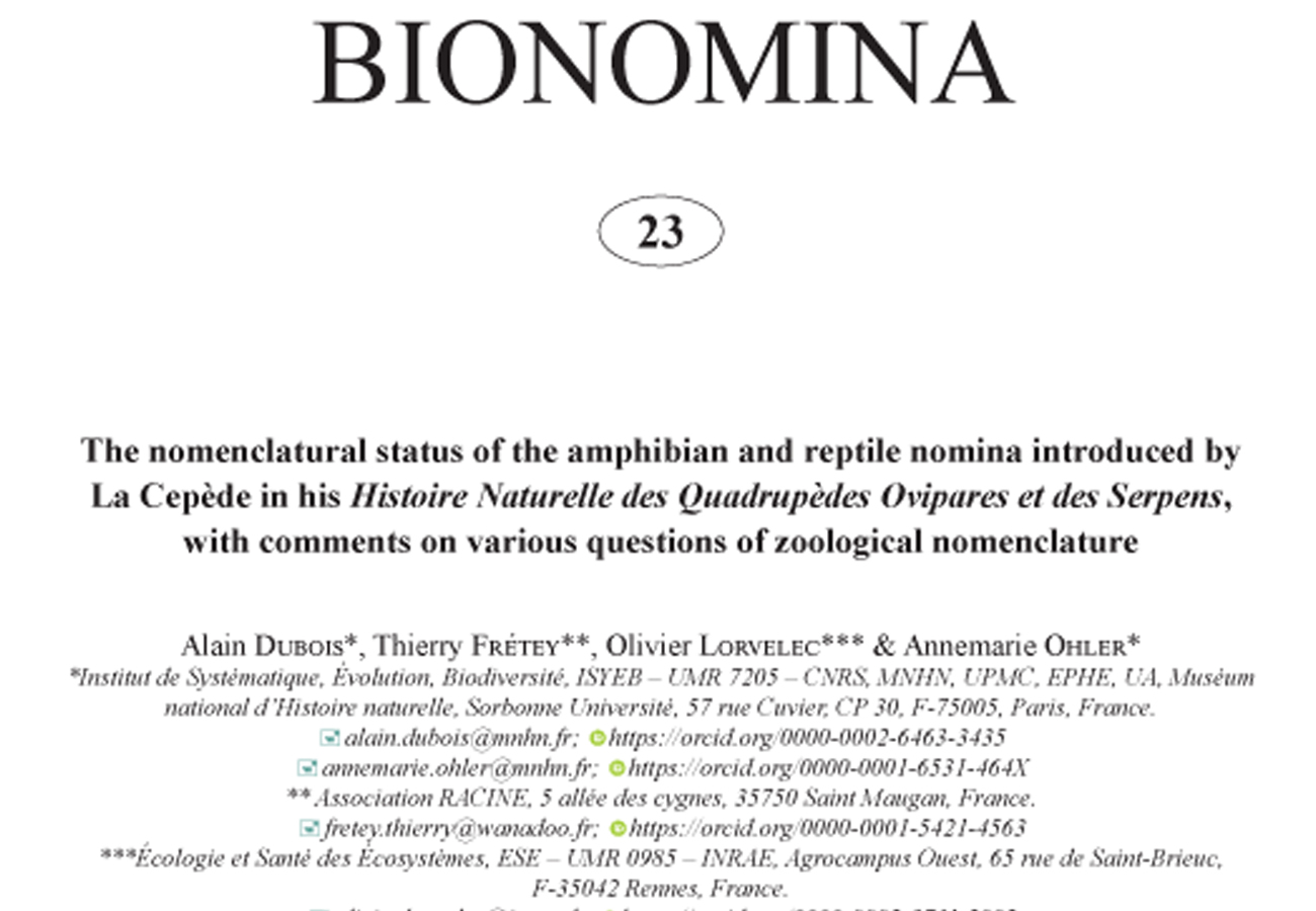 The Nomenclatural Status Of The Amphibian And Reptile Nomina Introduced By La Cepede In His Histoire Naturelle Des Quadrupedes Ovipares Et Des Serpens With Comments On Various Questions Of Zoological Nomenclature